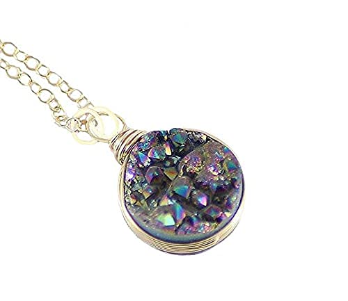 Rainbow Druzy Gold Circle Necklace