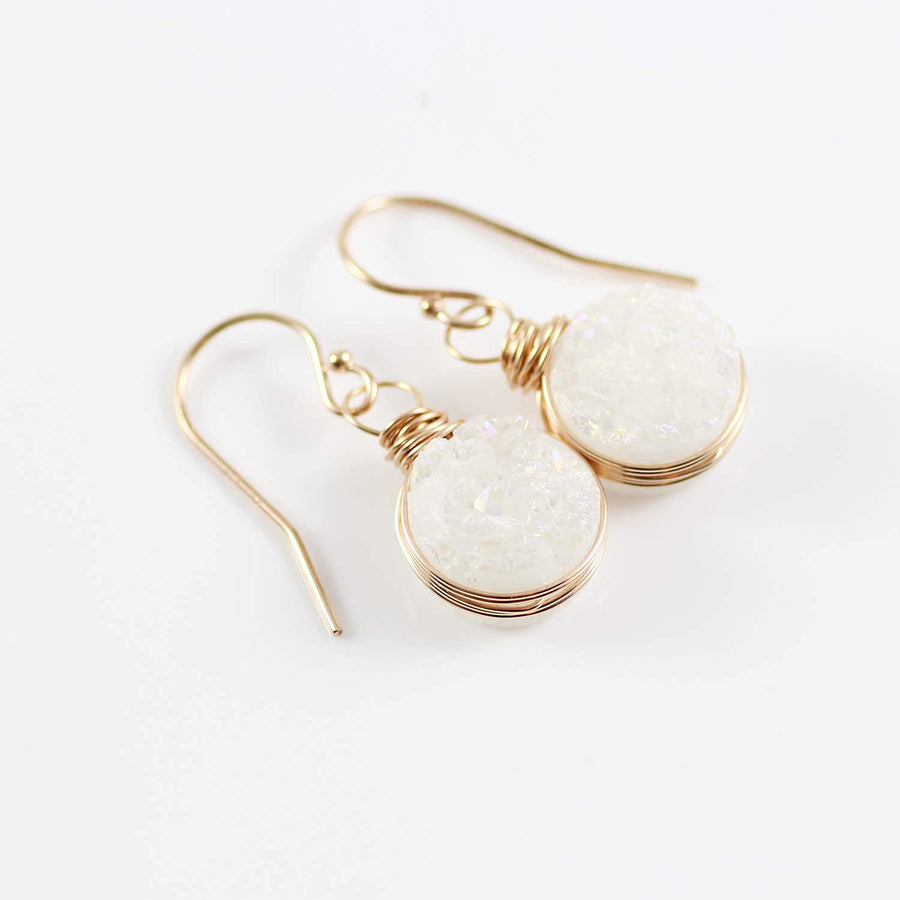 White Druzy Rose Gold Circle Earrings