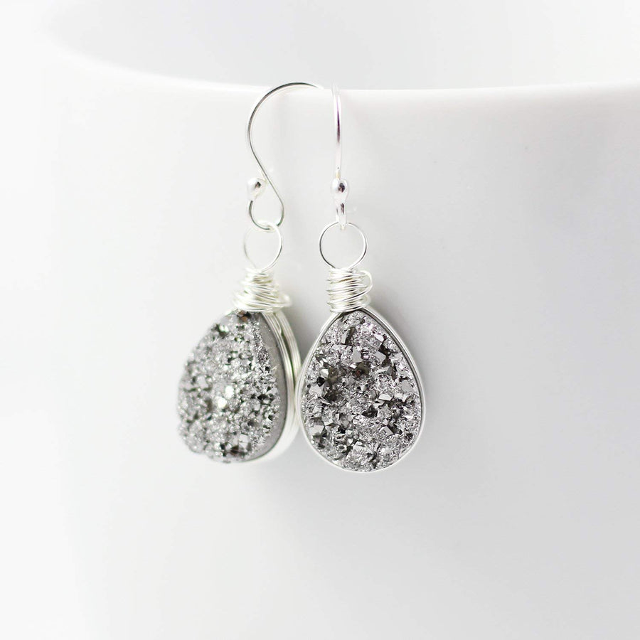 Sterling Silver Druzy Teardrop Earrings
