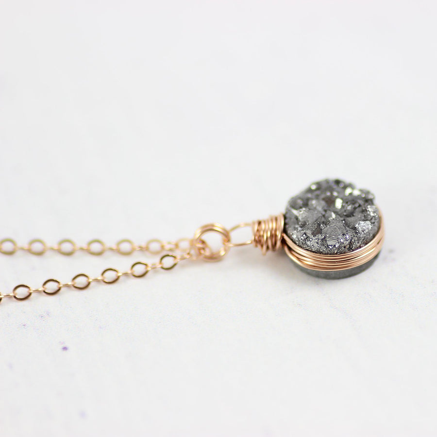 Silver Druzy Rose Gold Circle Pendant Necklace