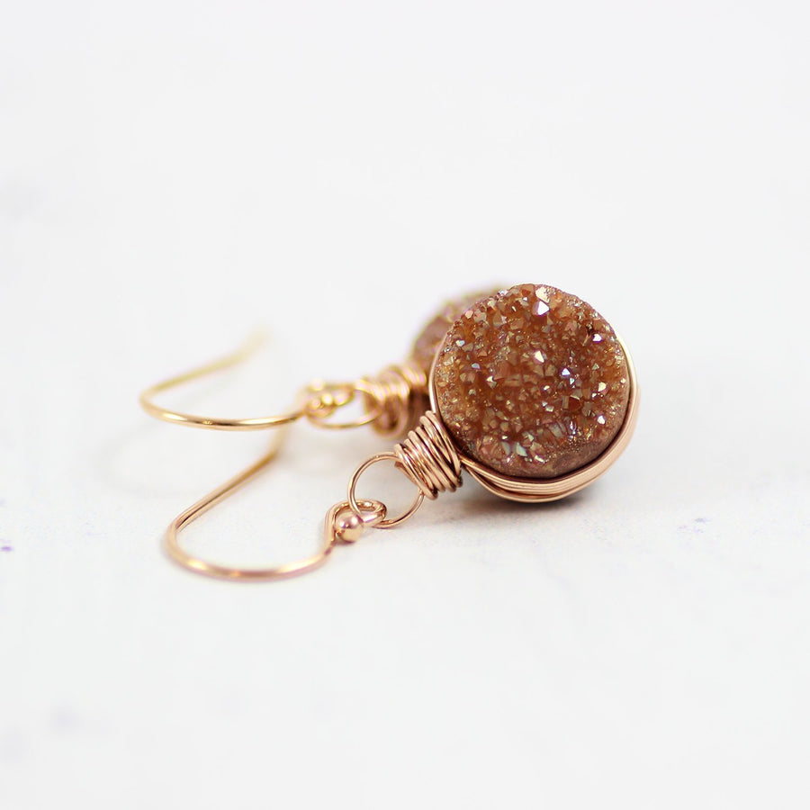 Dark Orange Druzy Rose Gold Earrings
