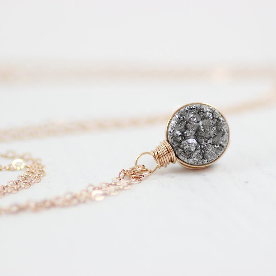 Silver Druzy Rose Gold Circle Pendant Necklace