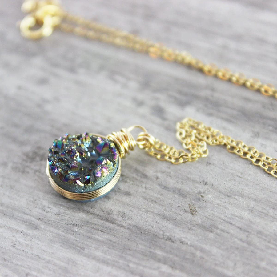 Rainbow Druzy Gold Circle Necklace