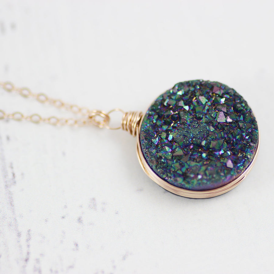 Large Rainbow Druzy Rose Gold Necklace