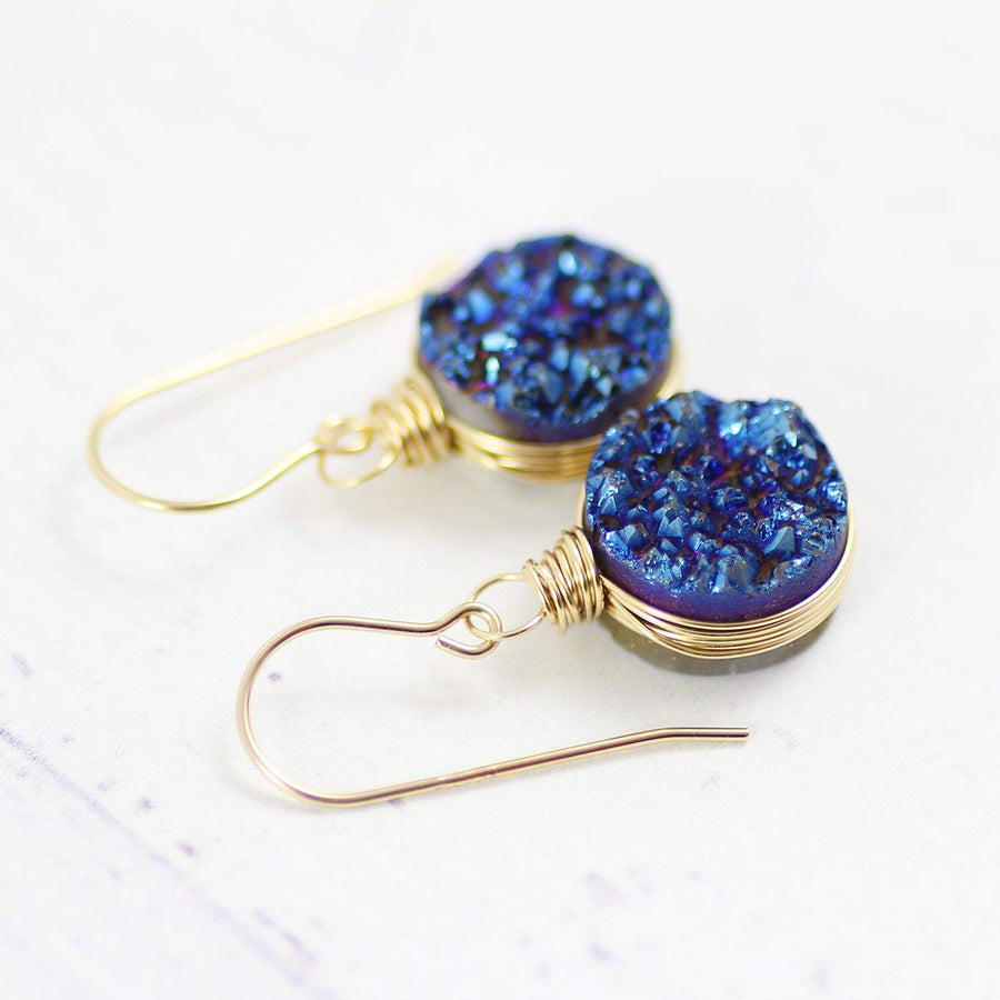 Dark Blue Druzy Gold Circle Earrings