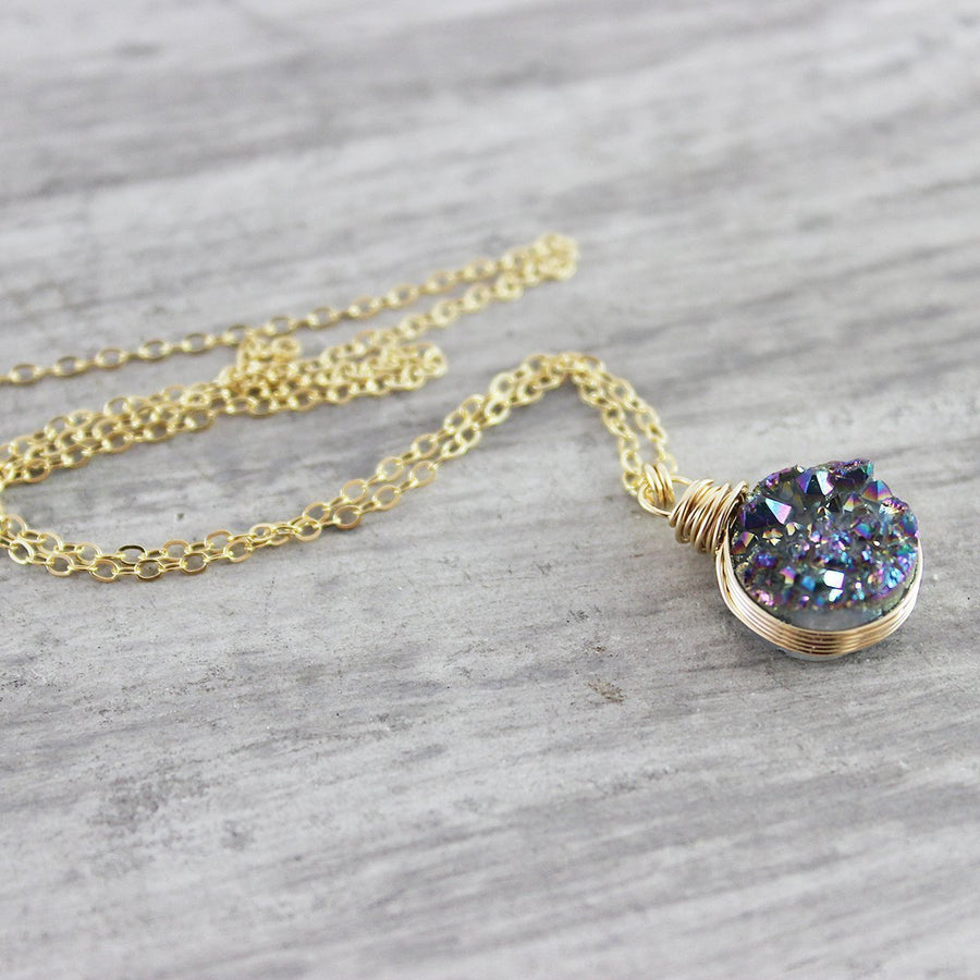 Rainbow Druzy Gold Circle Necklace