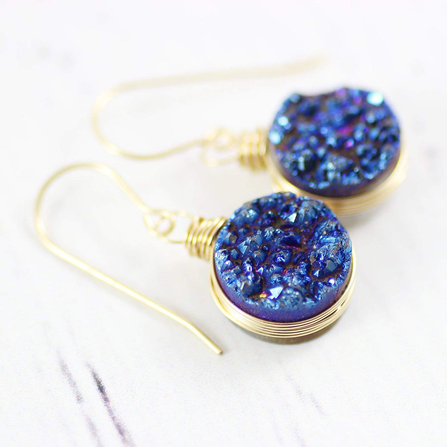 Dark Blue Druzy Gold Circle Earrings
