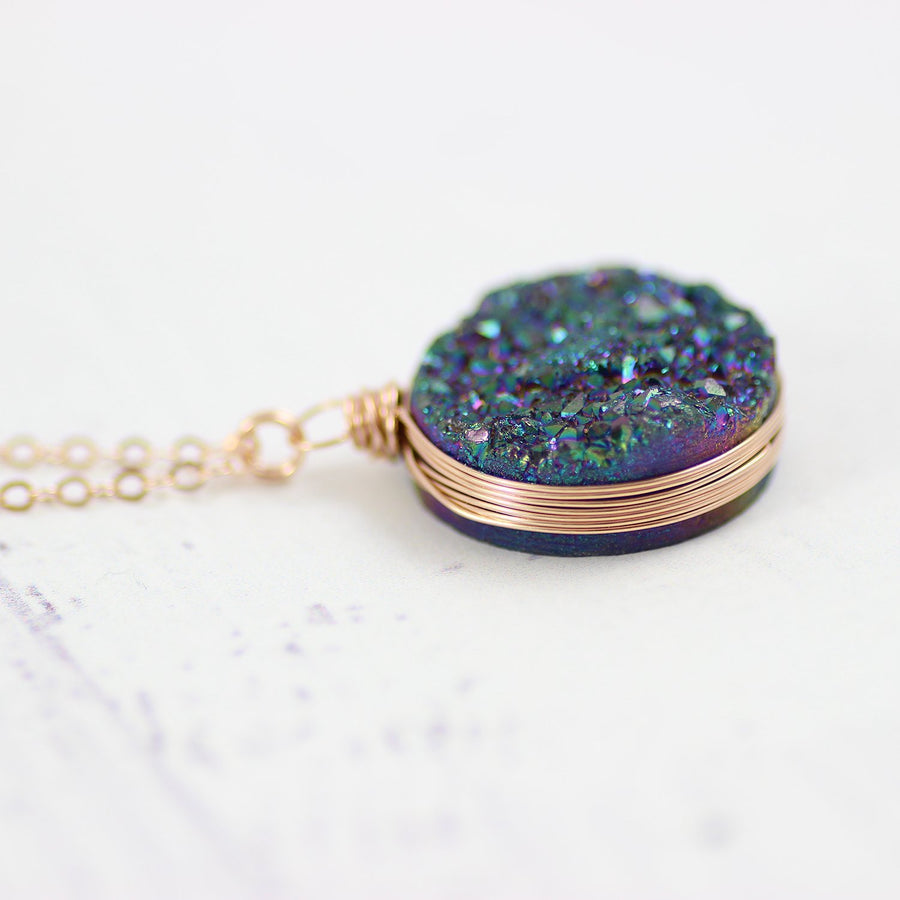 Large Rainbow Druzy Rose Gold Necklace