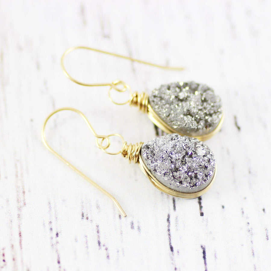 Silver and Gold Druzy Geode Teardrop Earrings