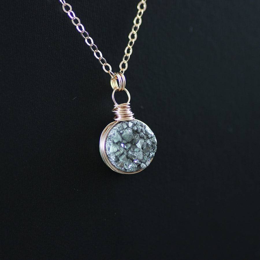 Silver Druzy Rose Gold Circle Pendant Necklace