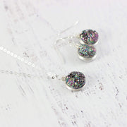 Rainbow Druzy Geode Sterling Silver Necklace and Earrings Gift Set