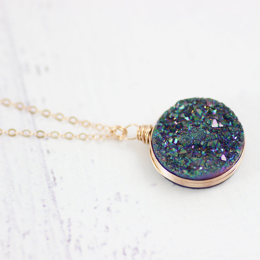 Large Rainbow Druzy Rose Gold Necklace