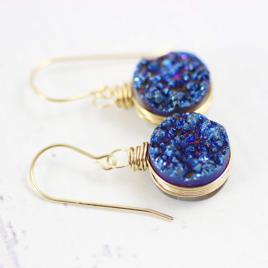 Dark Blue Druzy Gold Circle Earrings