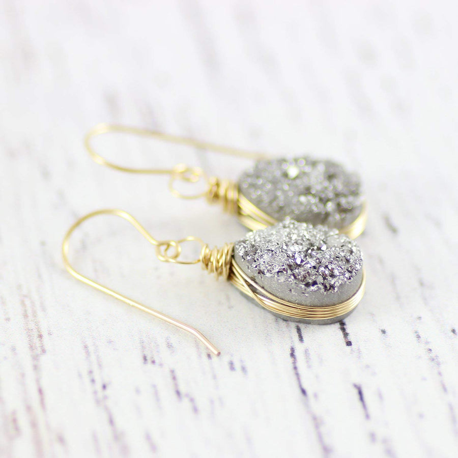 Silver and Gold Druzy Geode Teardrop Earrings