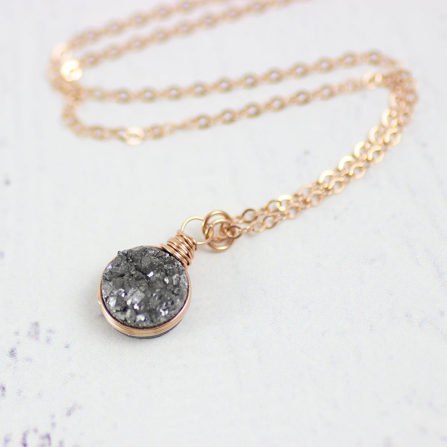 Silver Druzy Rose Gold Circle Pendant Necklace