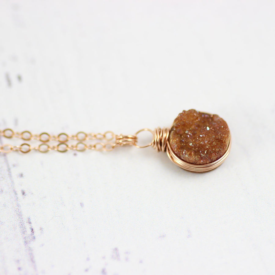 Dark Orange Druzy Rose Gold Necklace