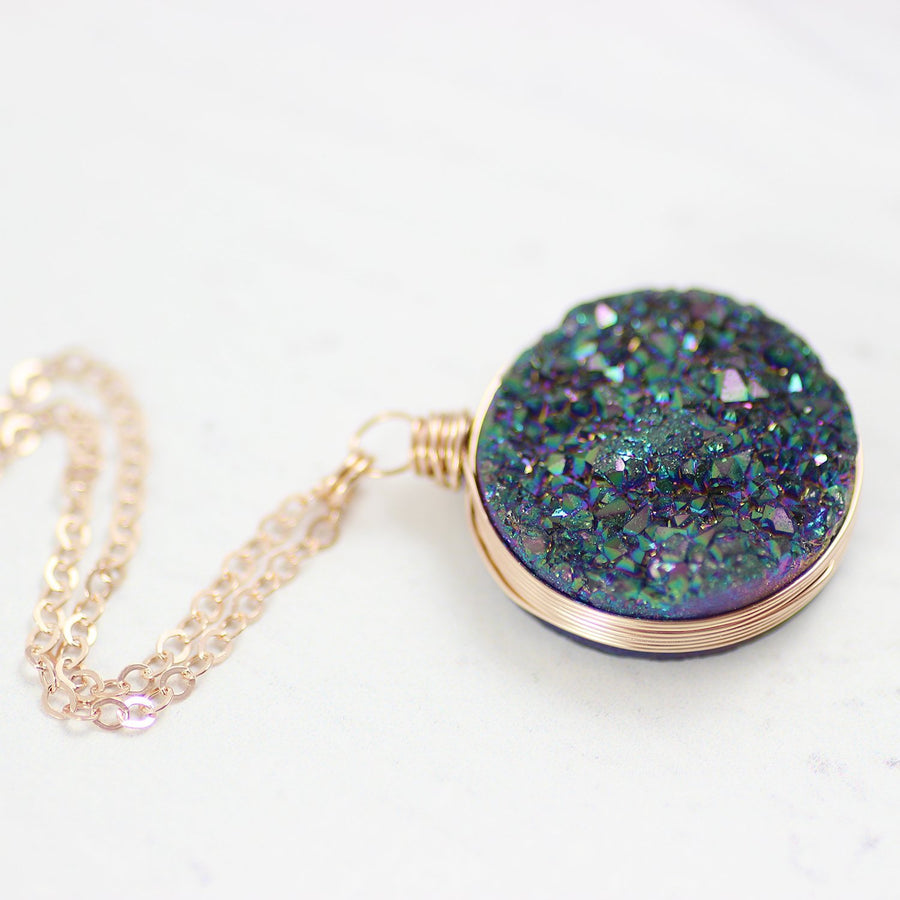 Large Rainbow Druzy Rose Gold Necklace