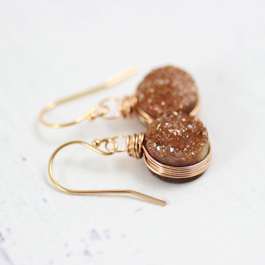Dark Orange Druzy Rose Gold Earrings