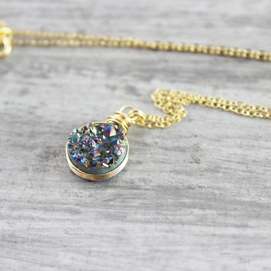 Rainbow Druzy Gold Circle Necklace