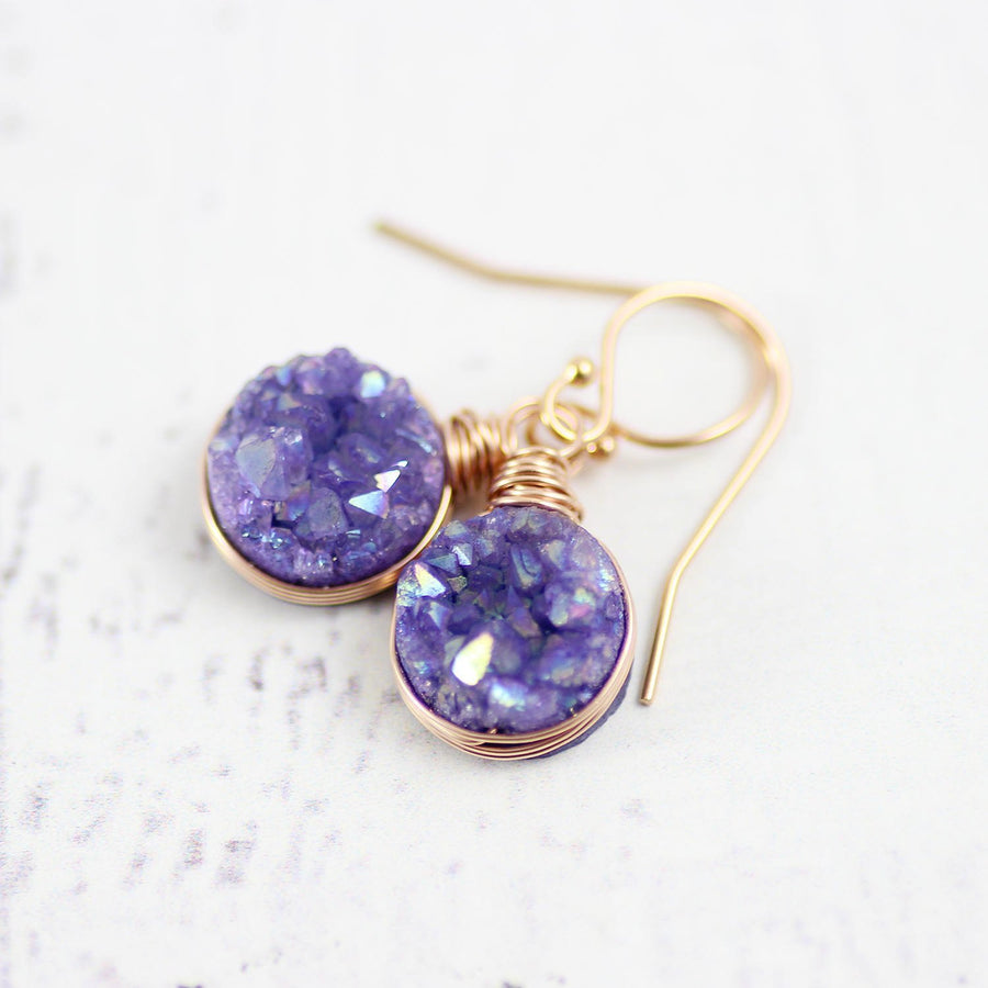 Purple Rose Gold Druzy Circle Earrings