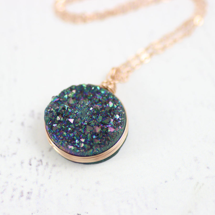 Large Rainbow Druzy Rose Gold Necklace