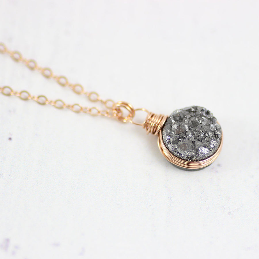 Silver Druzy Rose Gold Circle Pendant Necklace