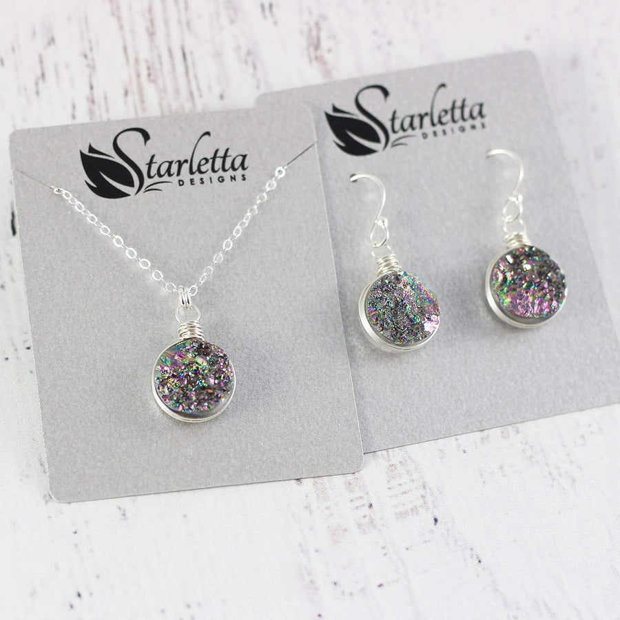 Rainbow Druzy Geode Sterling Silver Necklace and Earrings Gift Set