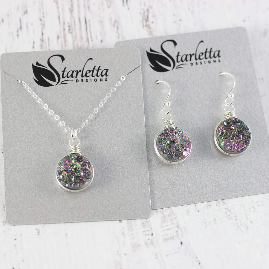 Rainbow Druzy Geode Sterling Silver Necklace and Earrings Gift Set