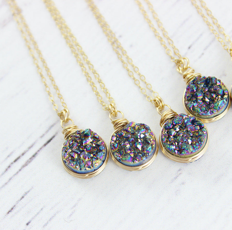 Rainbow Druzy Geode Gold Circle Necklace