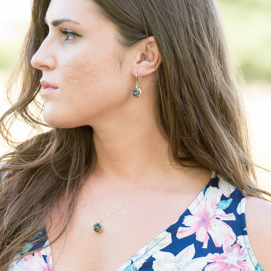 Rainbow Druzy Gold Circle Earrings