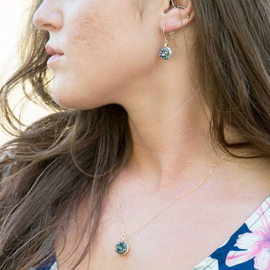 Rainbow Druzy Geode Gold Circle Necklace