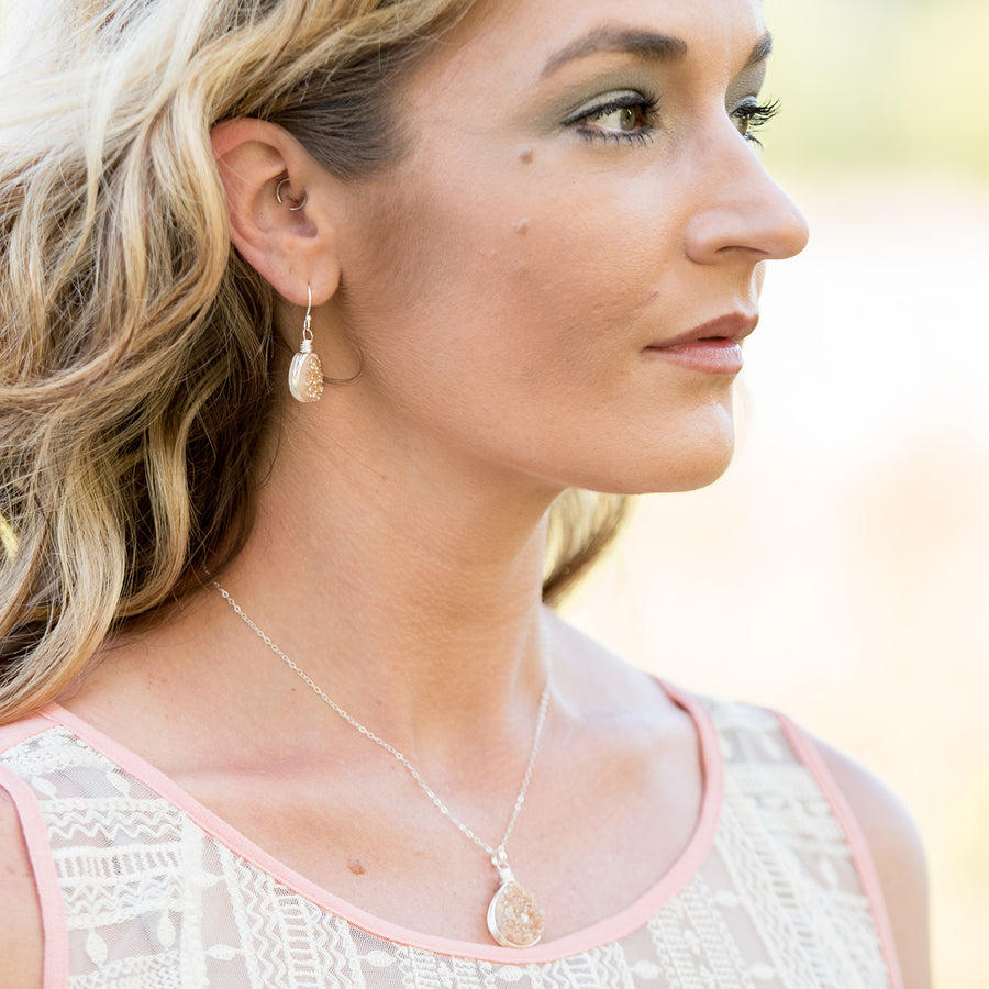 Peach Druzy Sterling Silver Teardrop Necklace