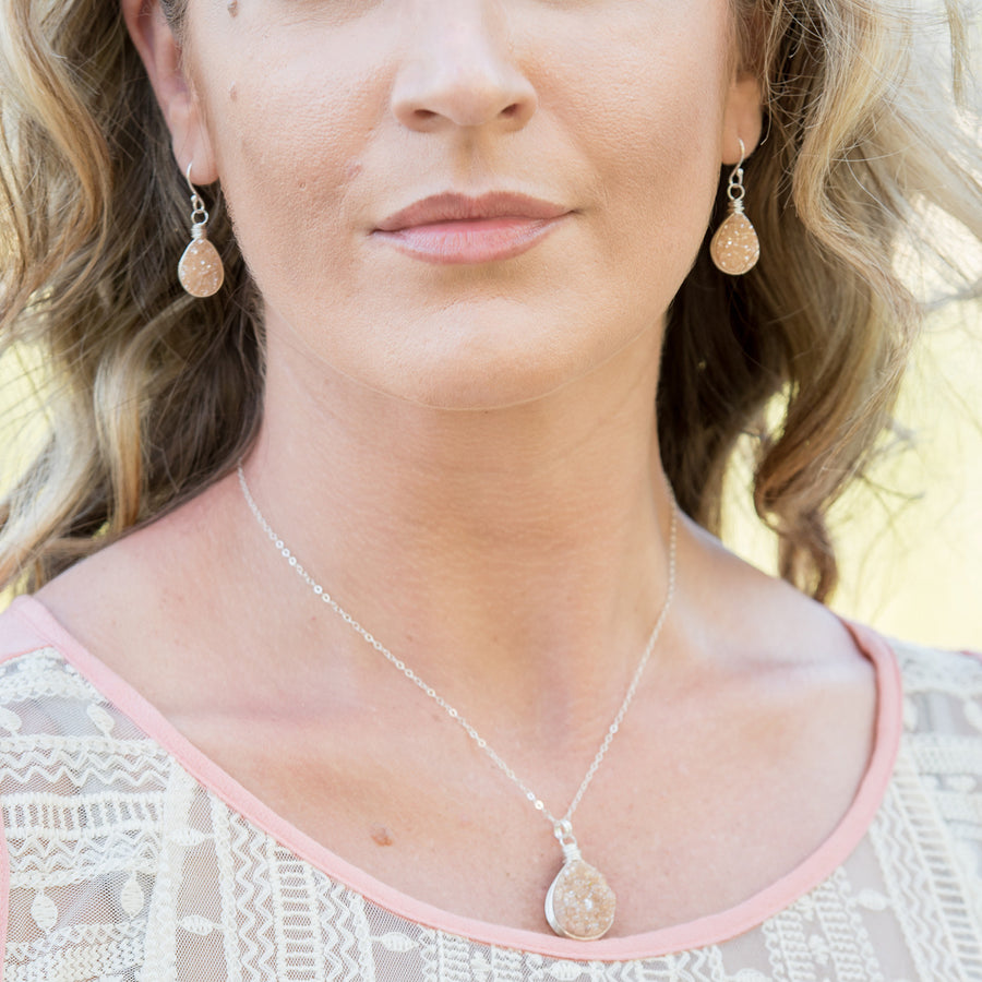 Peach Druzy Teardrop Sterling Silver Earrings