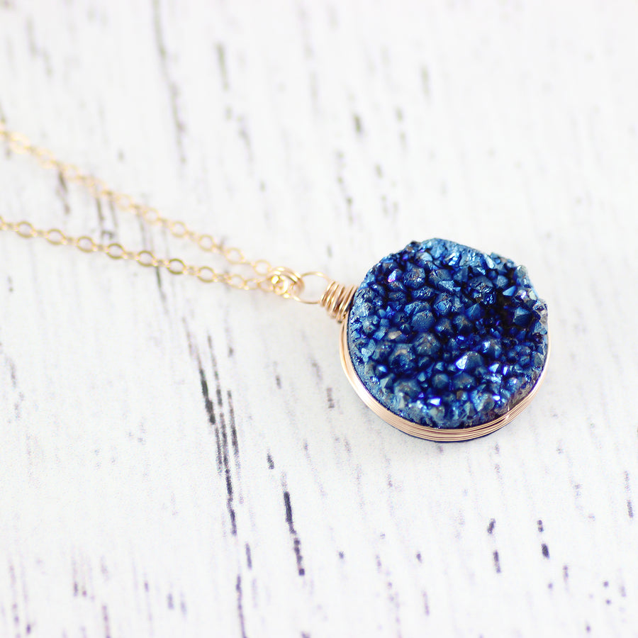 Blue Druzy Geode Gemstone Rose Gold Pendant Necklace