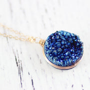 Blue Druzy Geode Gemstone Rose Gold Pendant Necklace