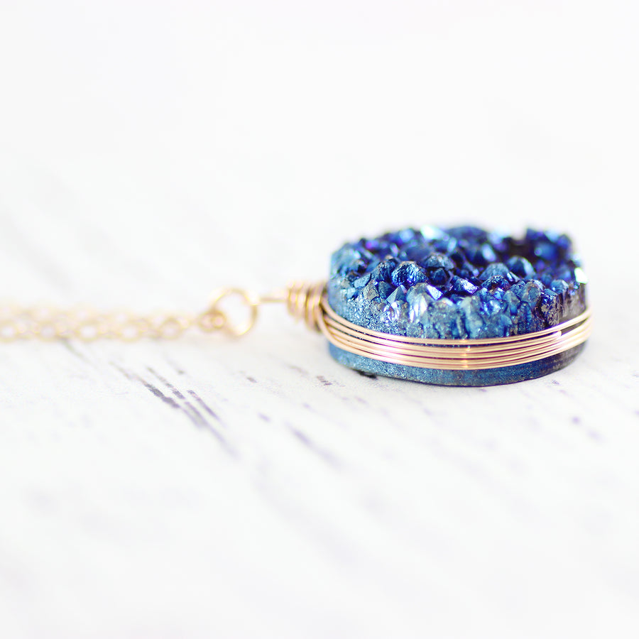 Blue Druzy Geode Gemstone Rose Gold Pendant Necklace