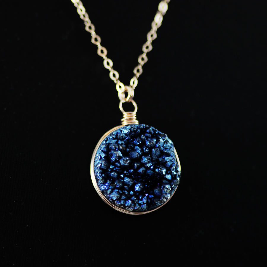Blue Druzy Geode Gemstone Rose Gold Pendant Necklace
