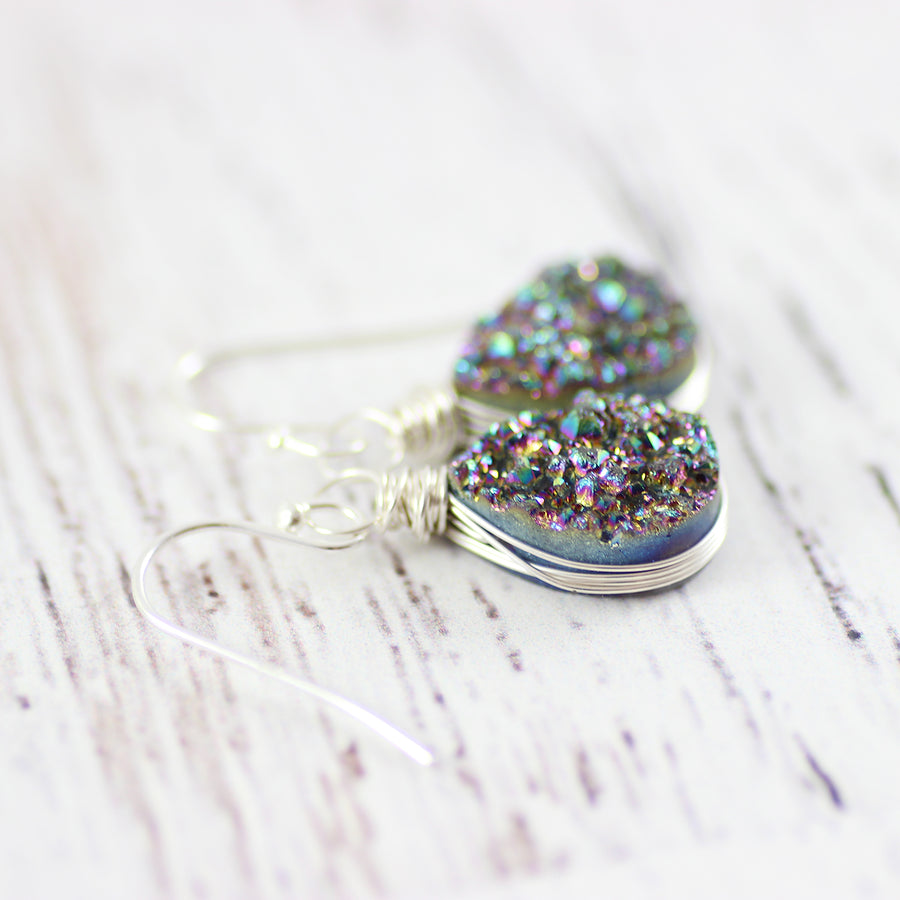 Rainbow Druzy Sterling Silver Teardrop Dangle Earrings