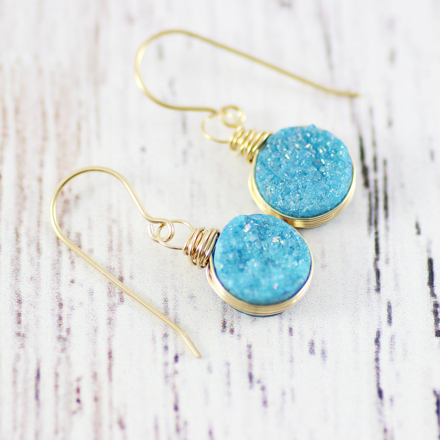 Sky Blue Druzy Gold Circle Earrings