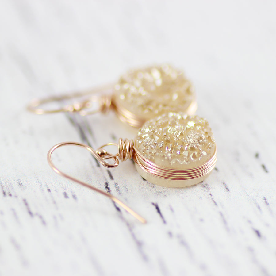Champagne Druzy Rose Gold Circle Drop Earrings