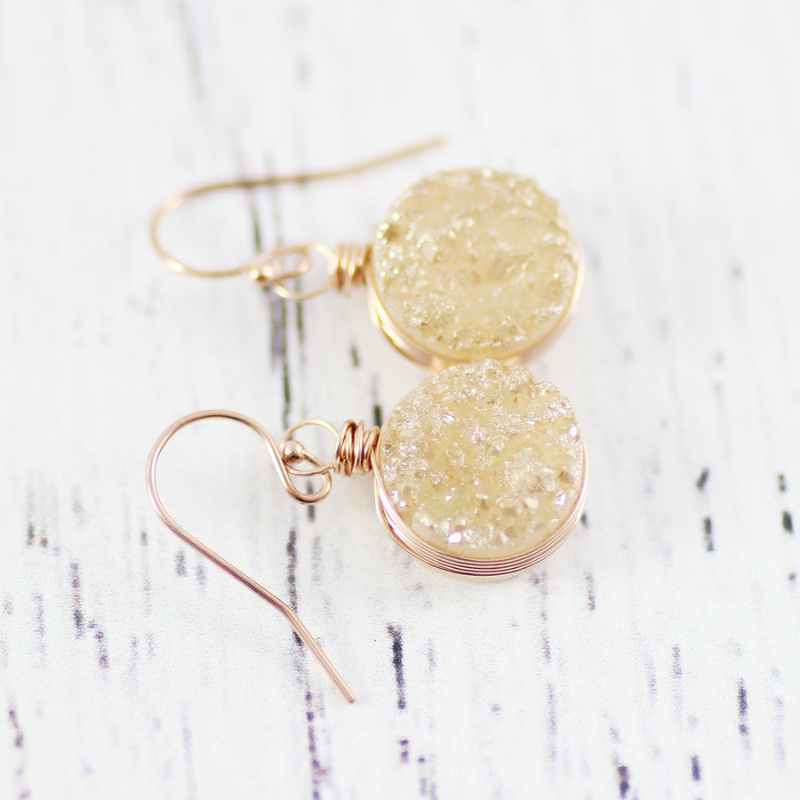 Champagne Druzy Rose Gold Circle Drop Earrings