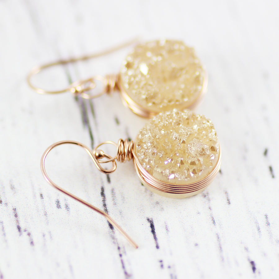 Champagne Druzy Rose Gold Circle Drop Earrings