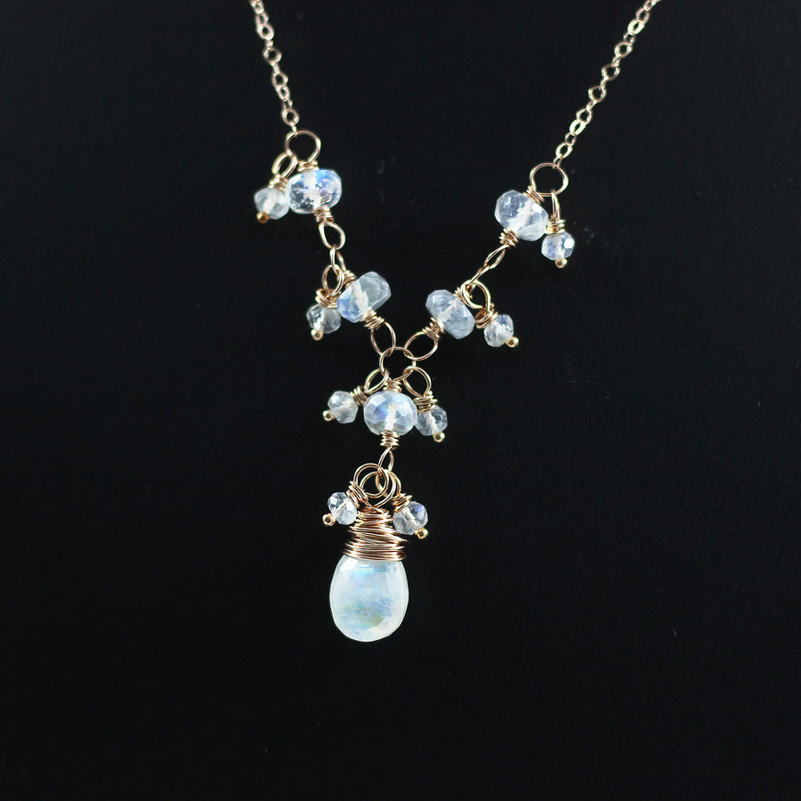 Rainbow Moonstone Rose Gold Beaded Wedding Necklace