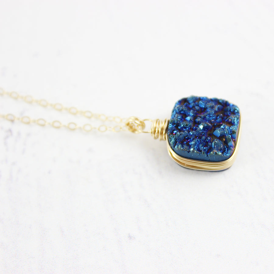 Dark Blue Druzy Square Gold Filled Necklace