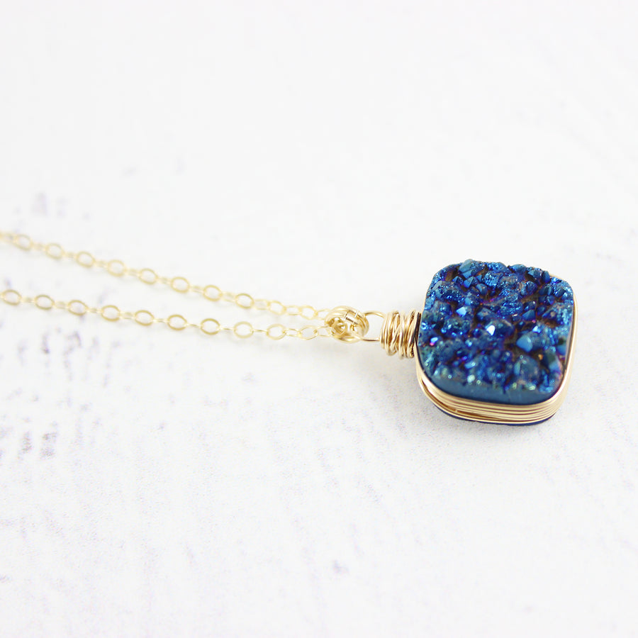 Dark Blue Druzy Square Gold Filled Necklace