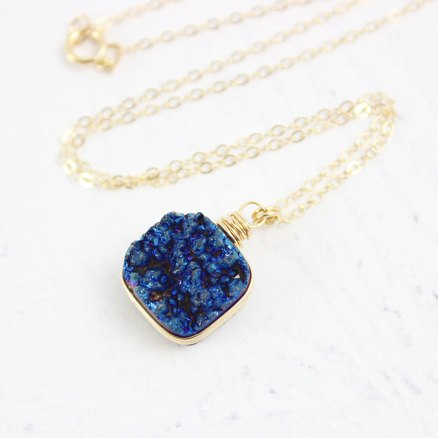 Dark Blue Druzy Square Gold Filled Necklace