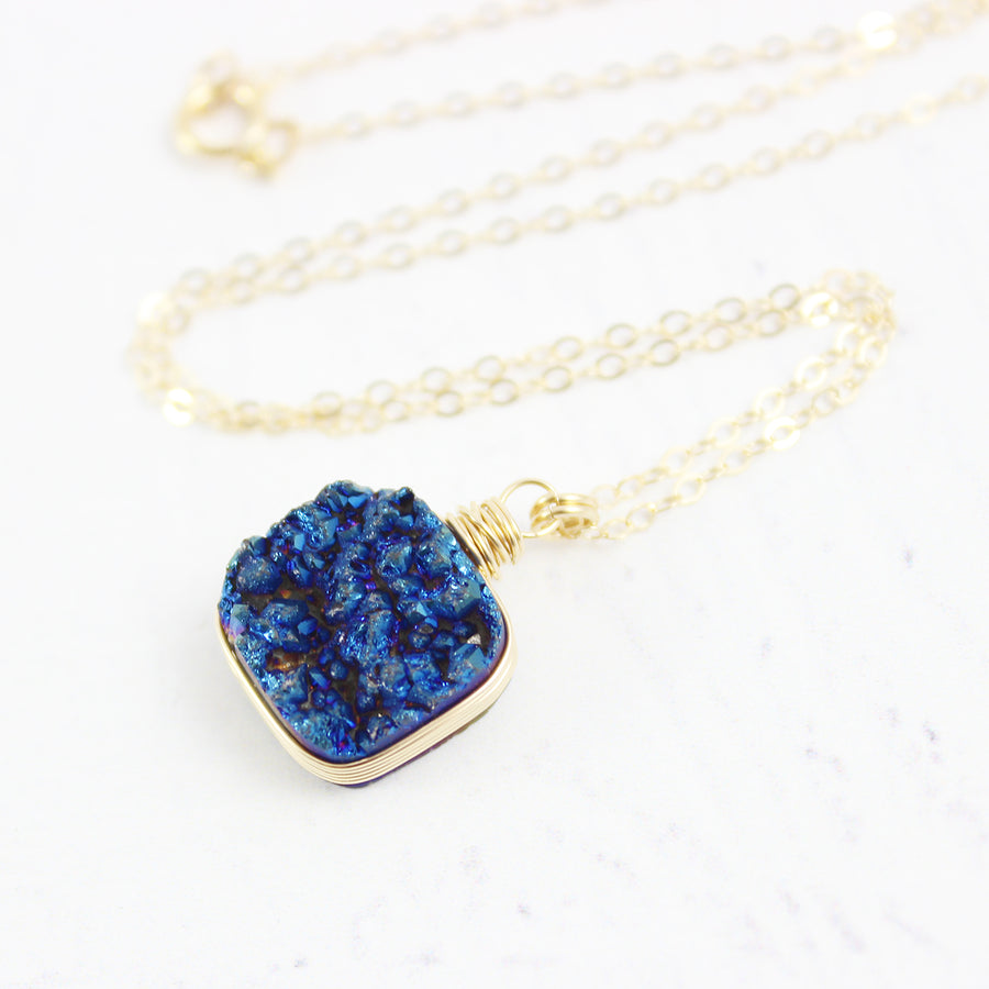 Dark Blue Druzy Square Gold Filled Necklace