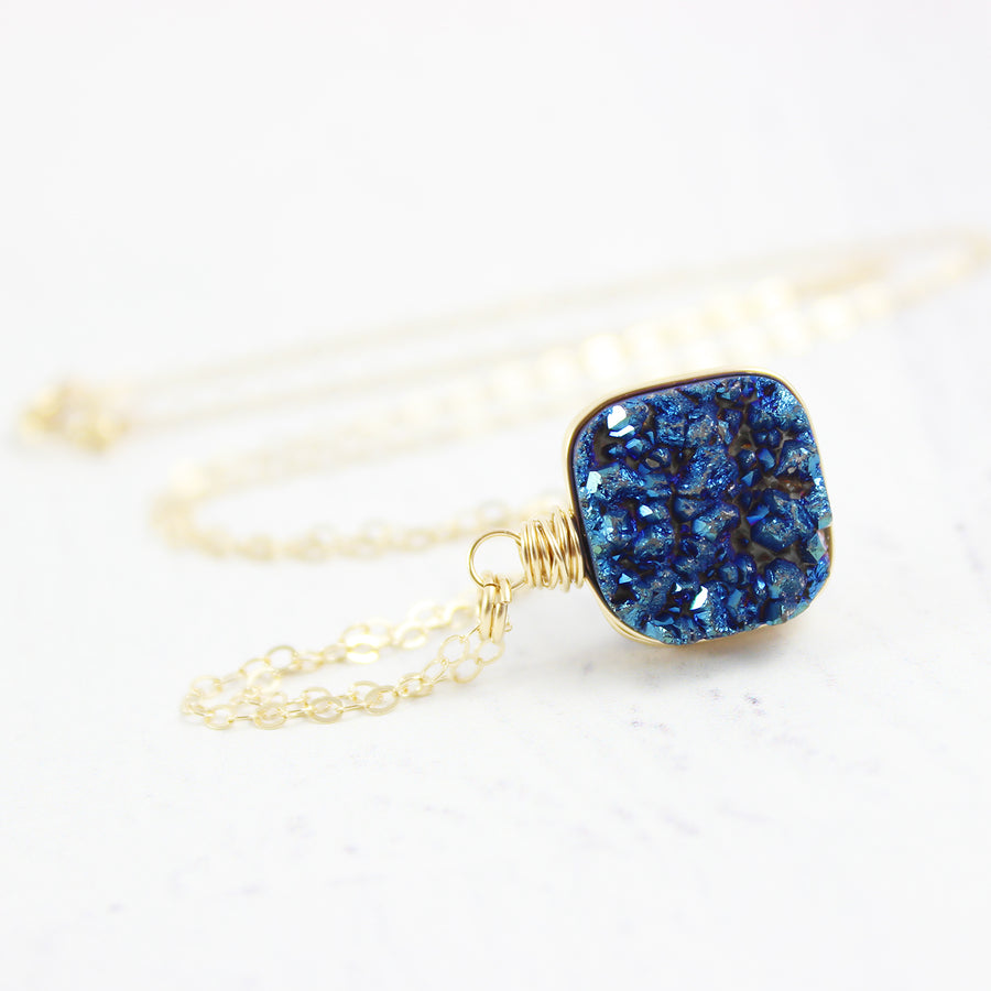 Dark Blue Druzy Square Gold Filled Necklace