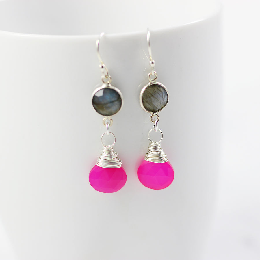Labradorite and Hot Pink Retro Sterling Silver Earrings