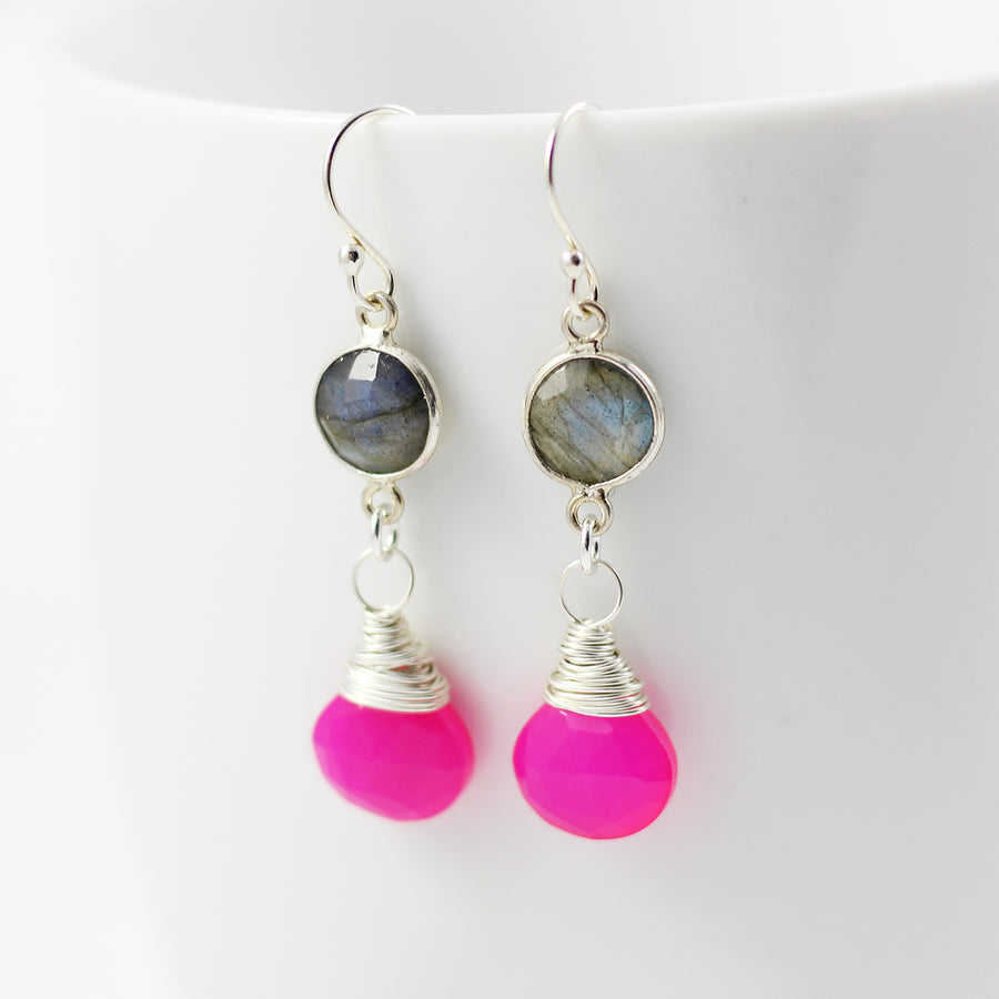 Labradorite and Hot Pink Retro Sterling Silver Earrings